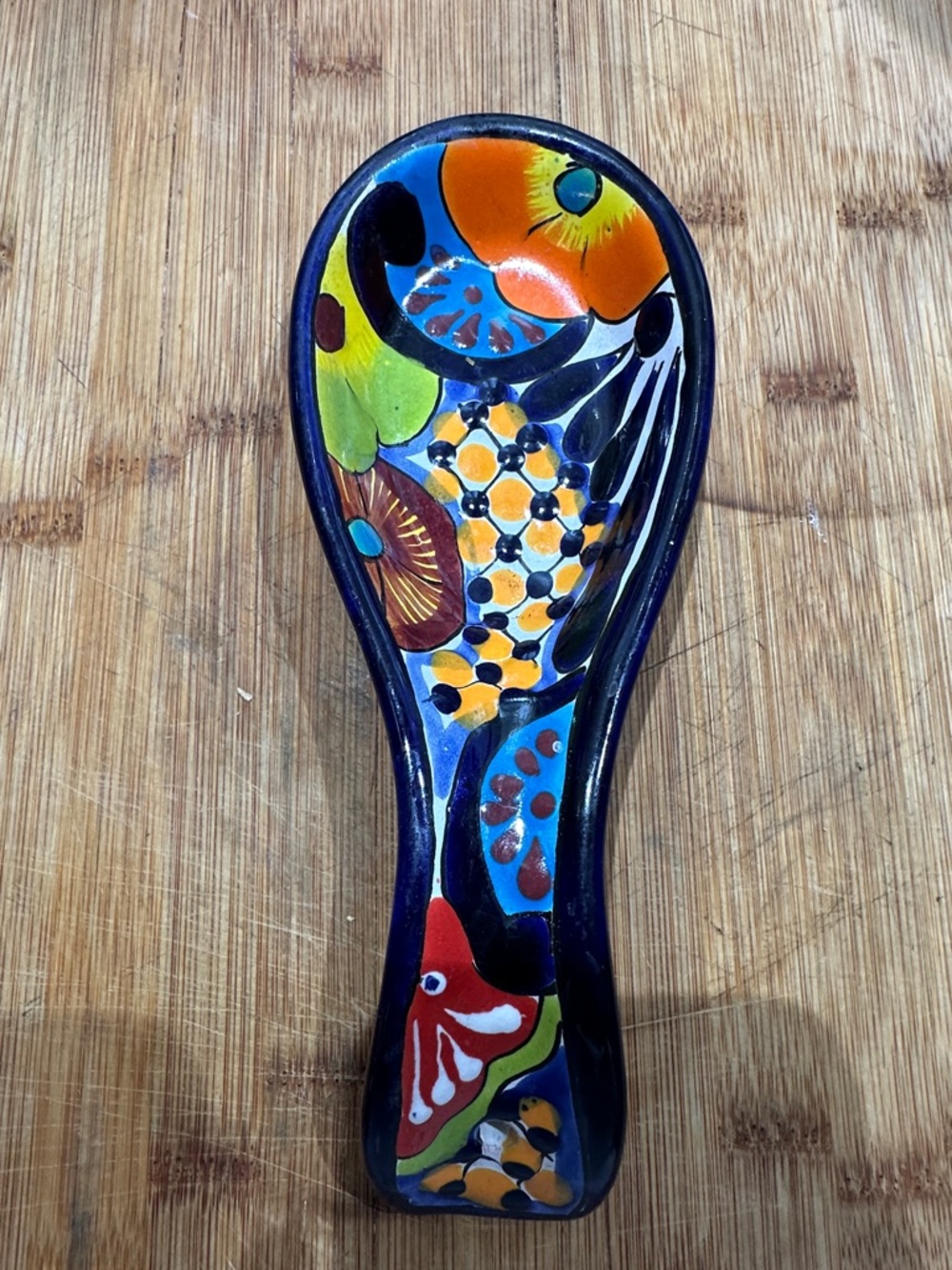 Hand-Painted Ceramic Spoon Rest in Multicolor Floral Design